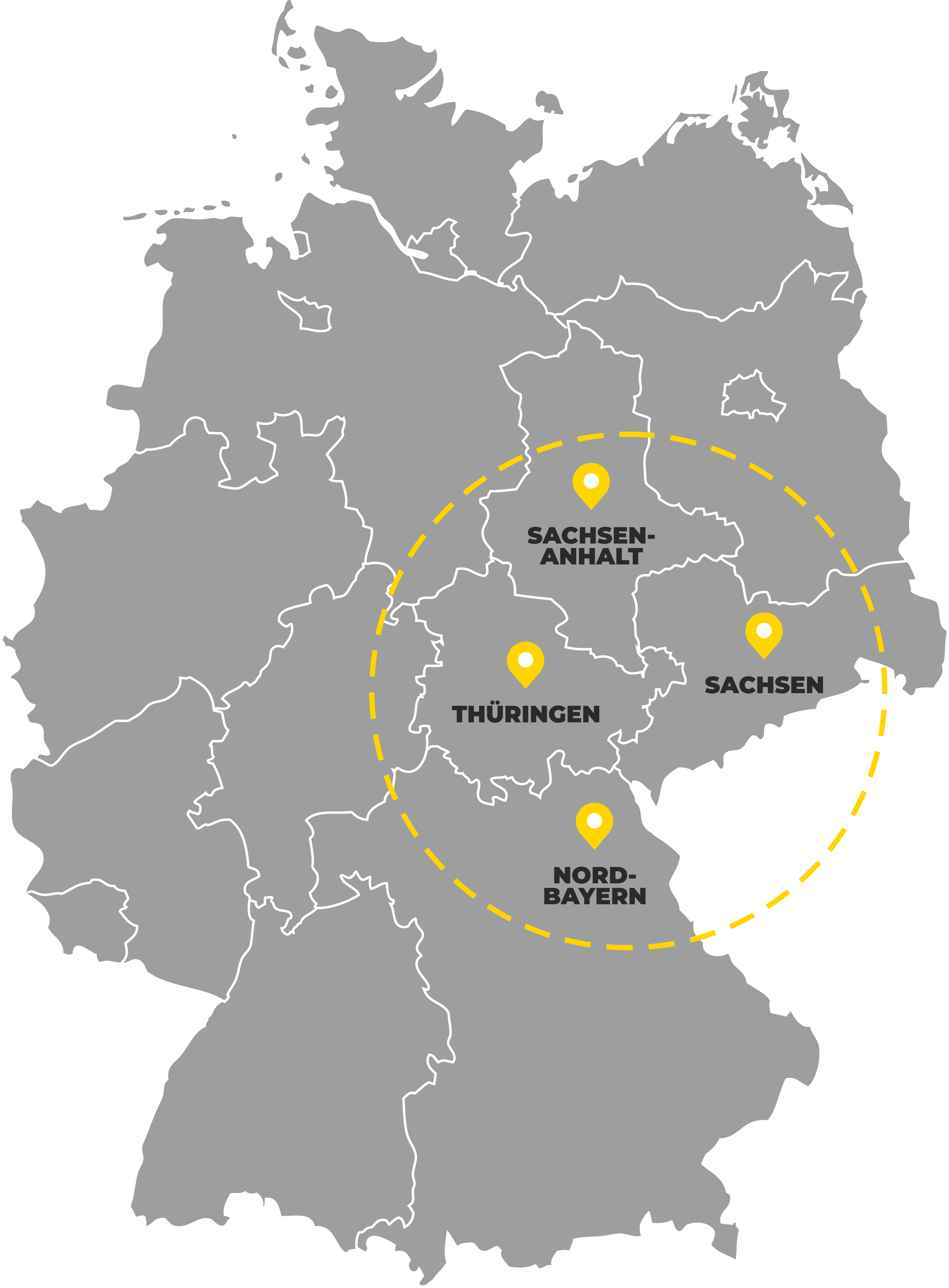 Karte von Deutschland mit Hervorhebung des Einsatzgebiets der LASCH GmbH Zwickau: vier Regionen – Sachsen-Anhalt, Thüringen, Sachsen und Nordbayern – innerhalb eines gelben gestrichelten Kreises.